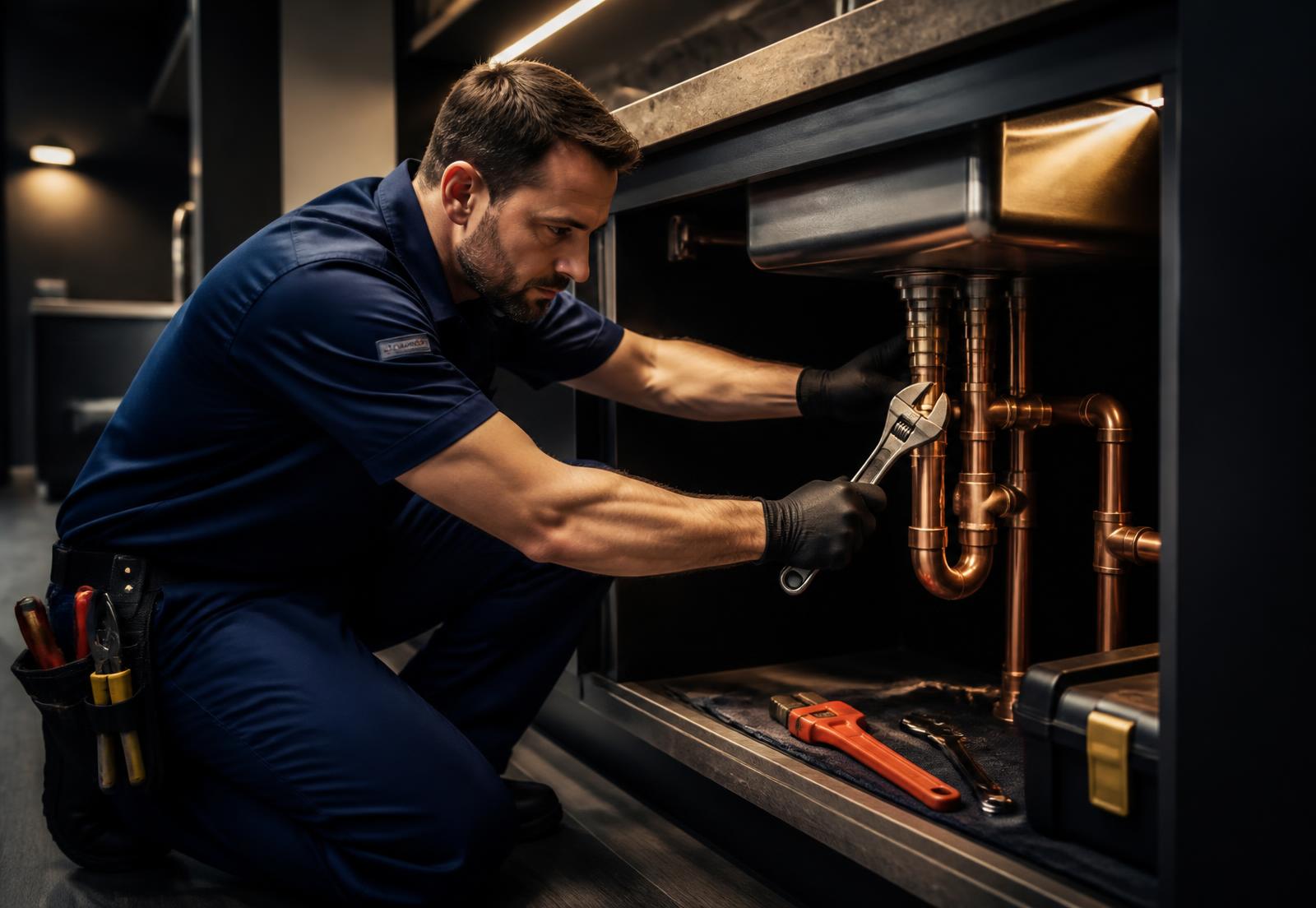 YD Plumbing Guys technician repairing copper pipes under a kitchen sink